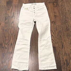 Tractr Women’s Off White Cream Button-Fly Flare Distressed Jeans Size 26